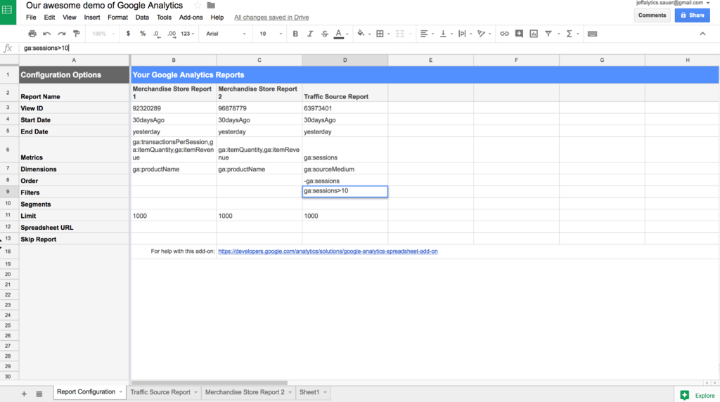 Google Analytics API configuration syntax